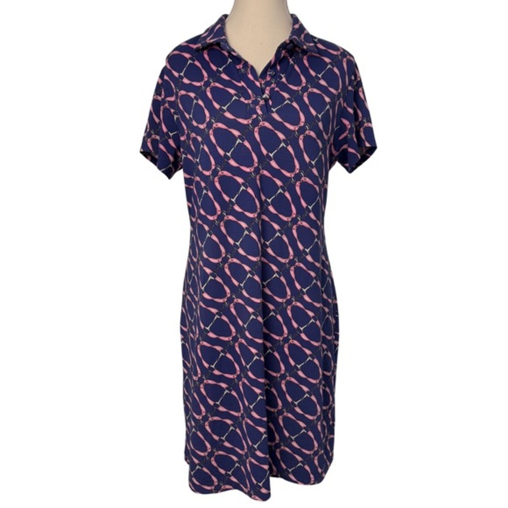 IBKUL Bitty Navy Pink Equestrian Bit Print Polo Golf Polo Dress UPF Medium